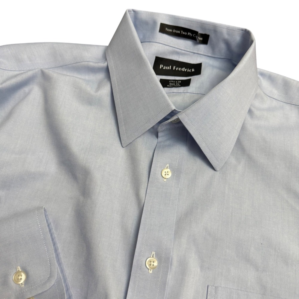 Paul Fredrick Mens Slim‎ Fit Non-Iron Two Ply Cotton Shirt Light Blue 17.5x34